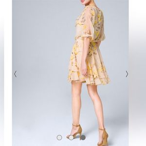 WHBM Tan & Yellow Floral Dress with Slit Sleeves and Ruffles Size M